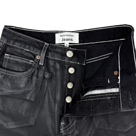 NWT REFORMATION Cynthia High Rise Straight Long Jean Glossy Black 26 - Picture 7 of 10